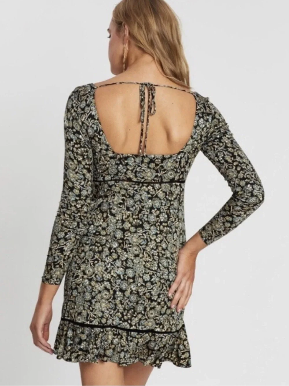 Free People Boheme Floral Mini Dress Square Neck Open Back Long Sleeve Size 10